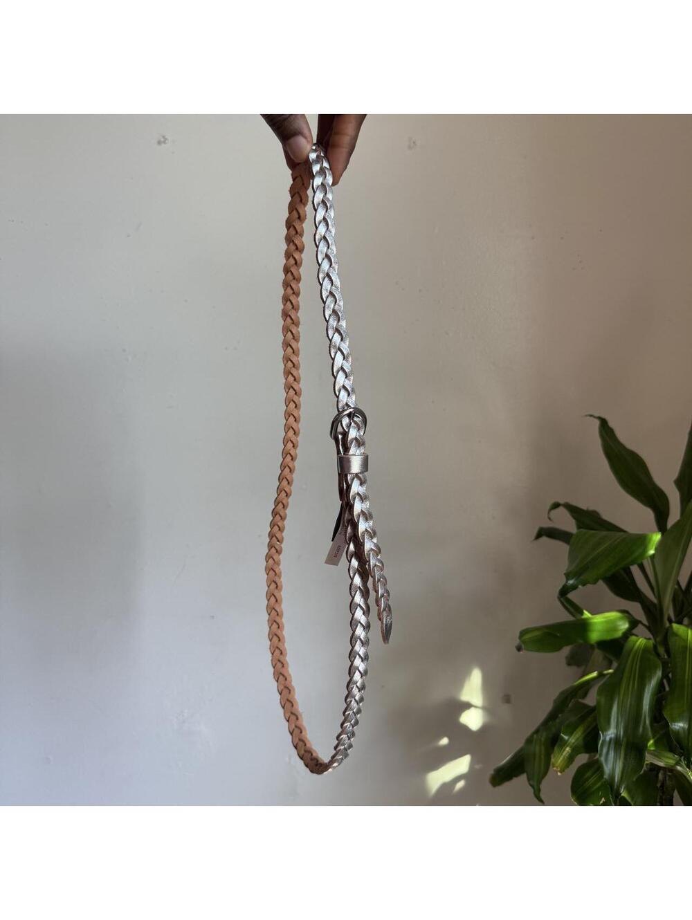 J.Crew Metallic Silver Braided Leather Skinny Belt M/L